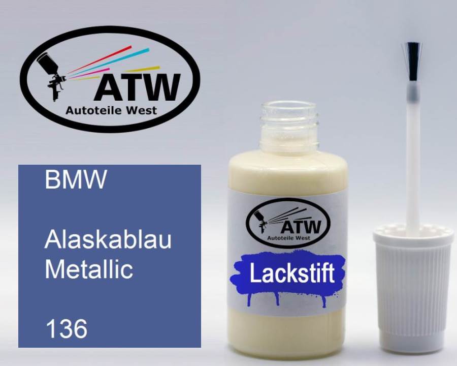 BMW, Alaskablau Metallic, 136: 20ml Lackstift, von ATW Autoteile West.